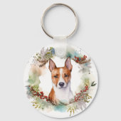 Basenji Kerstkrans feestelijke pup Sleutelhanger (Voorkant)