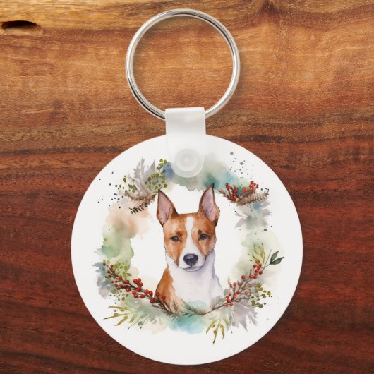 Basenji Kerstkrans feestelijke pup Sleutelhanger (Achterkant)