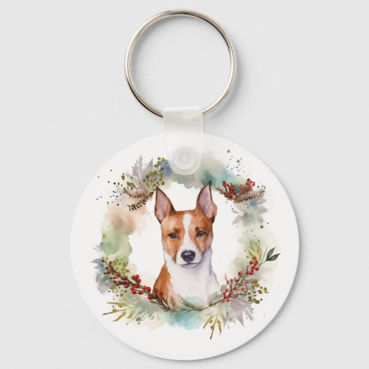 Basenji Kerstkrans feestelijke pup Sleutelhanger (Achterkant)