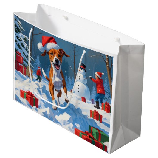 Basenji Kerstmis Festieve Sneeuw Scene Groot Cadeauzakje (Voorkant Gekanteld)
