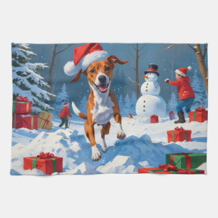 Basenji Kerstmis Festieve Sneeuw Scene Theedoek