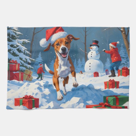 Basenji Kerstmis Festieve Sneeuw Scene Theedoek (Horizontaal)