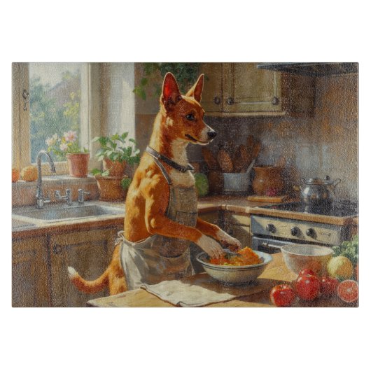 Basenji Kookt in Keuken Snijplank (Voorkant)