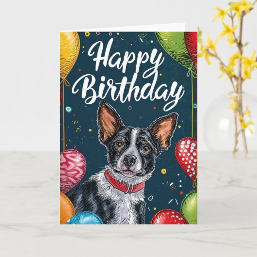 Basenji met ballonnen Verjaardag Kaart (Gele Bloem)