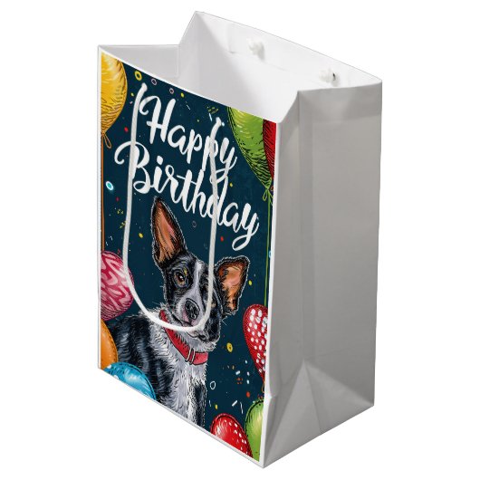 Basenji met Ballonnen Verjaardag Medium Cadeauzakje (Voorkant Gekanteld)