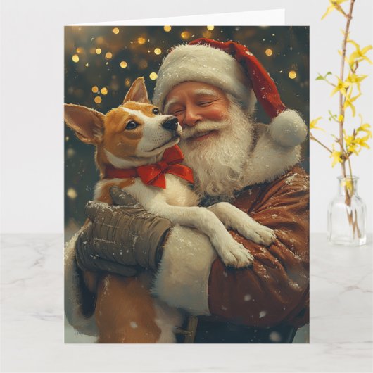 Basenji met Kerstman Feestelijke Kerst Kaart (Gele Bloem)