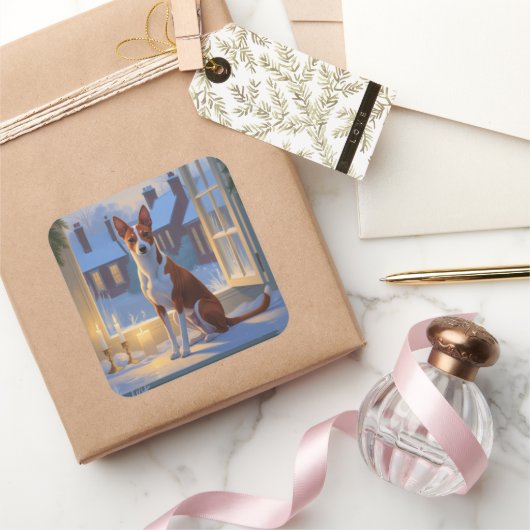 Basenji met kerstverlichting Vakantie Vierkante Sticker (Geschenken)
