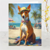 Basenji op het strand, zomercadeau voor hondenlief kaart (Gele Bloem)