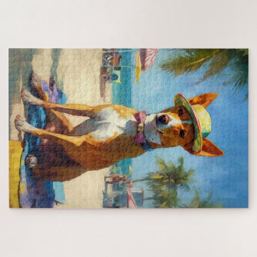 Basenji op het strand, zomercadeau voor hondenlief legpuzzel (Horizontaal)