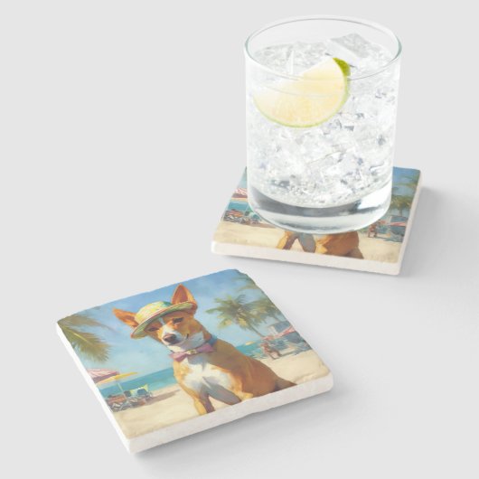 Basenji op het strand, zomercadeau voor hondenlief stenen onderzetter (Zijkant)