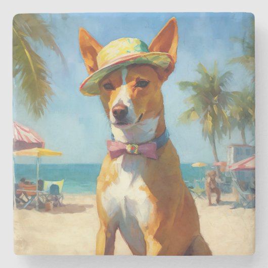 Basenji op het strand, zomercadeau voor hondenlief stenen onderzetter (Voorkant)