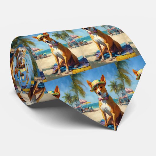 Basenji op het strand, zomercadeau voor hondenlief stropdas (Opgerold)