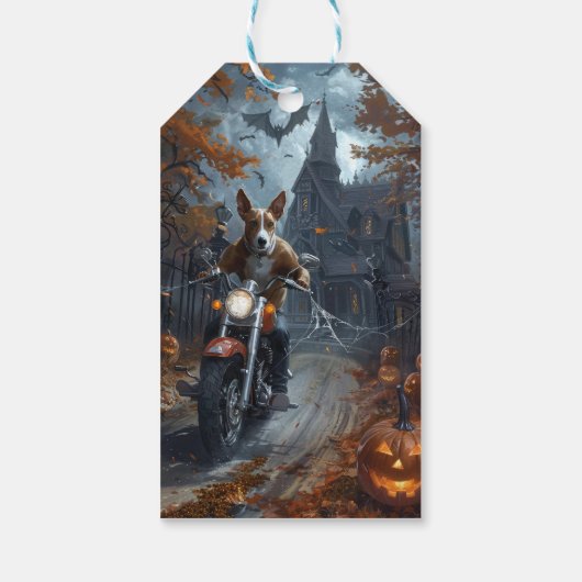 Basenji Riding Motorfiets Halloween Eng Cadeaulabel (Achterkant)