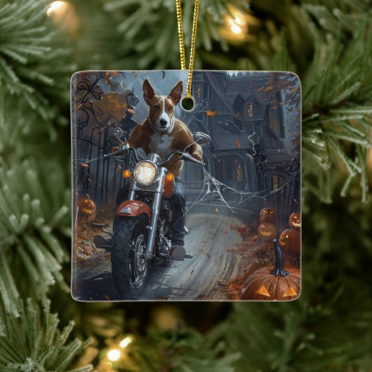 Basenji Riding Motorfiets Halloween Eng Keramisch Ornament (Boom)