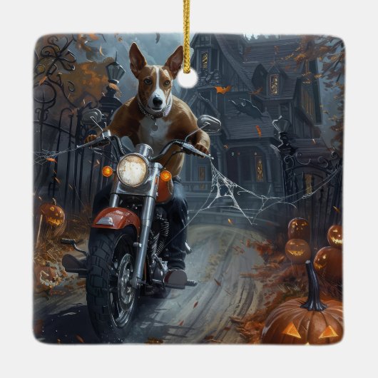 Basenji Riding Motorfiets Halloween Eng Keramisch Ornament (Achterkant)