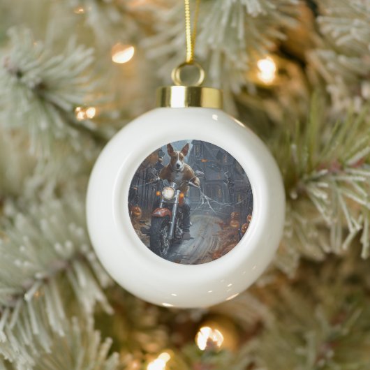 Basenji Riding Motorfiets Halloween Eng Keramische Bal Ornament (Boom)