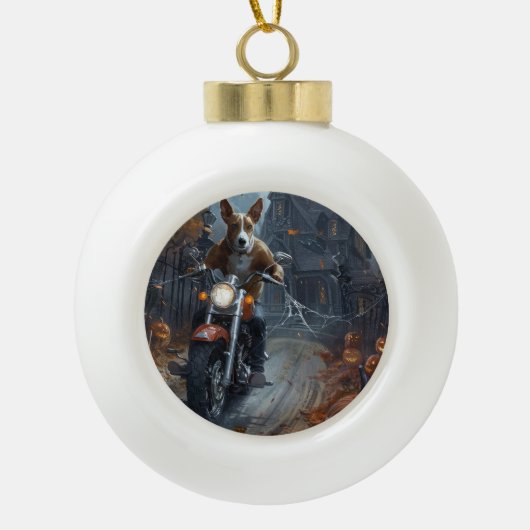 Basenji Riding Motorfiets Halloween Eng Keramische Bal Ornament (Voorkant)