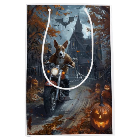 Basenji Riding Motorfiets Halloween Eng Medium Cadeauzakje (Voorkant)