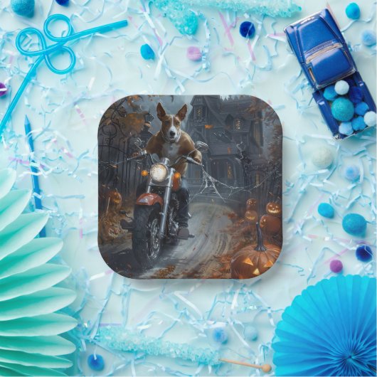 Basenji Riding Motorfiets Halloween Eng Papieren Bordje (Feest)