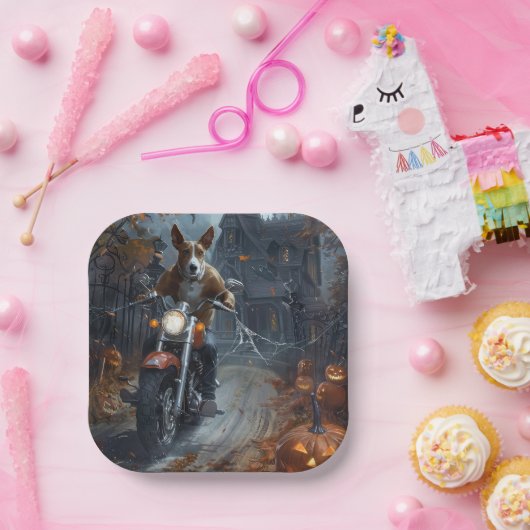 Basenji Riding Motorfiets Halloween Eng Papieren Bordje (Feest)