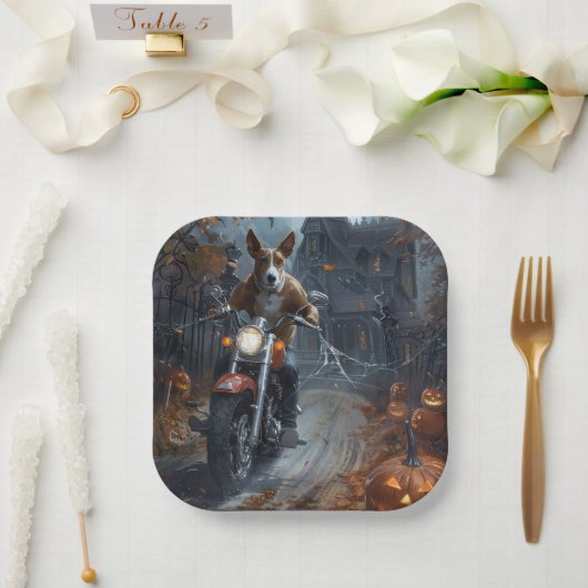 Basenji Riding Motorfiets Halloween Eng Papieren Bordje (Huwelijk)