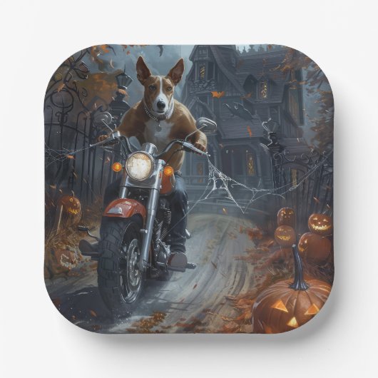 Basenji Riding Motorfiets Halloween Eng Papieren Bordje (Voorkant)