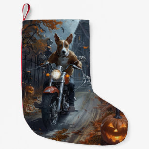 Basenji rijdt op motorfiets Halloween griezelig Kleine Kerstsok