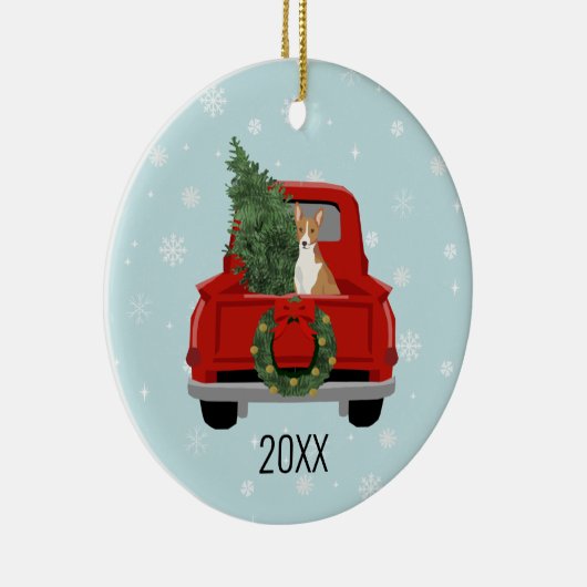 Basenji: rode kerstman keramisch ornament (Rechts)