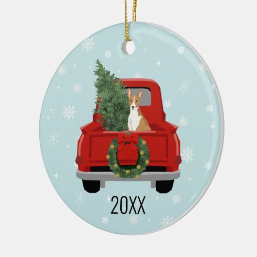 Basenji: rode kerstman keramisch ornament (Links)