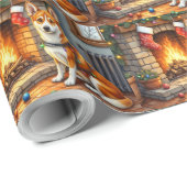 Basenji Sitting by Fireplace with Christmas Lights Cadeaupapier (Rol Hoek)