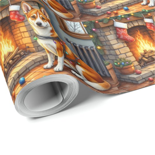 Basenji Sitting by Fireplace with Christmas Lights Cadeaupapier (Rol Hoek)