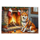 Basenji Sitting by Fireplace with Christmas Lights Groot Cadeauzakje (Achterkant)