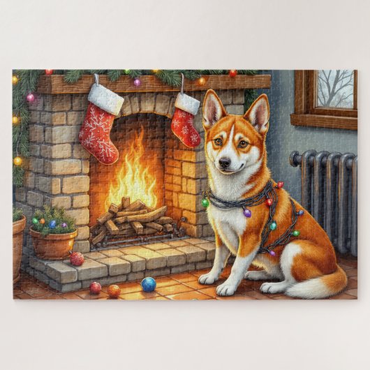 Basenji Sitting by Fireplace with Christmas Lights Legpuzzel (Horizontaal)