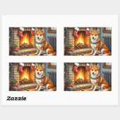 Basenji Sitting by Fireplace with Christmas Lights Rechthoekige Sticker (Vel)