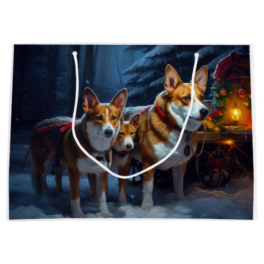 Basenji Snowy Sleigh Kerstdecoratie Groot Cadeauzakje (Voorkant)
