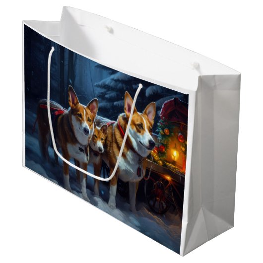 Basenji Snowy Sleigh Kerstdecoratie Groot Cadeauzakje (Voorkant Gekanteld)