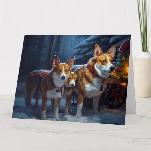 Basenji Snowy Sleigh Kerstdecoratie Kaart (Voorkant)