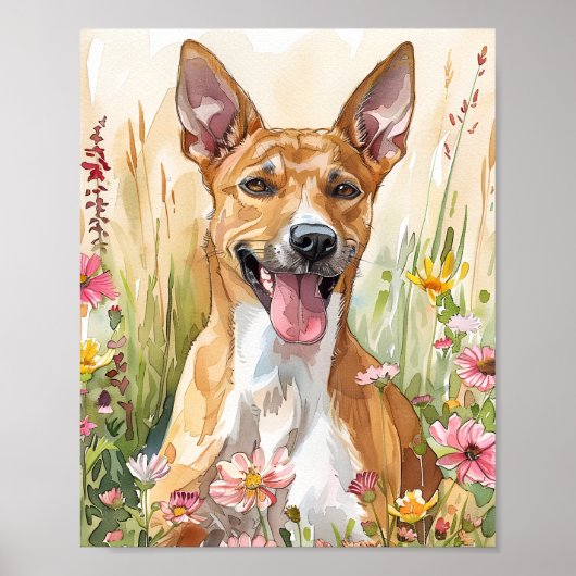 Basenji Waterverf Dog Art – Happy Floral Portrait Poster (Voorkant)