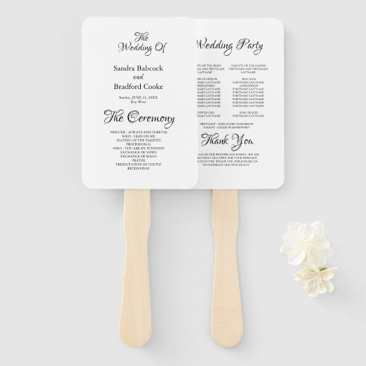 Basic Black and White Wedding Ceremony Program Han Handwaaier (Voorkant en achterkant)
