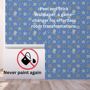 Basic Blue Gray Kids Nautical Starfish Squid Behang