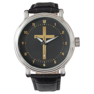 Basic Christelijk Cross Gold op zwart Horloge