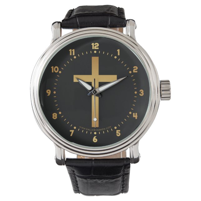 Basic Christelijk Cross Gold op zwart Horloge (Voorkant)