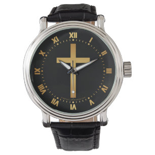 Basic Christelijk Cross Gold op zwart Horloge