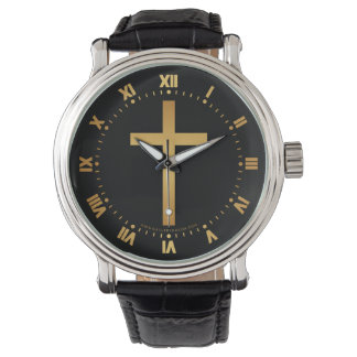 Basic Christelijk Cross Gold op zwart Horloge