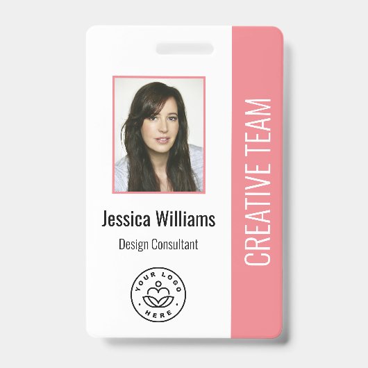 Basic Company Logo Photo Pink Employee ID Badge (Front)