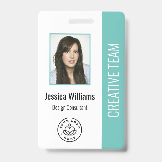 Basic Company Logo Photo Turquoise Employee ID Badge (Front)