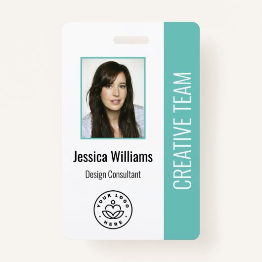 Basic Company Logo Photo Turquoise Employee ID Badge (Voorkant)
