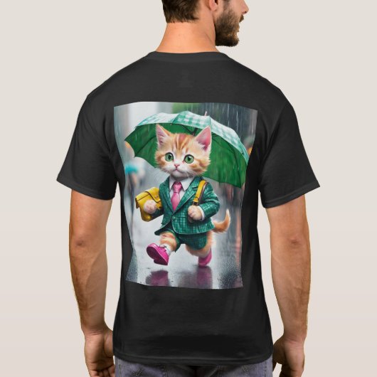 Basic Dark T-Shirt Een charmante kat in de regen (Achterkant)