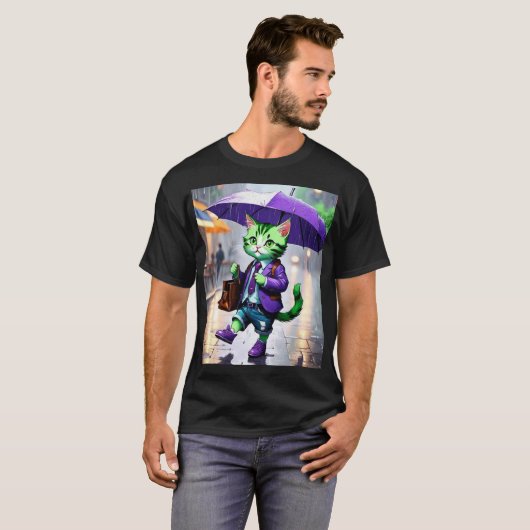 Basic Dark T-Shirt Een charmante kat in de regen (Voorkant volledig)