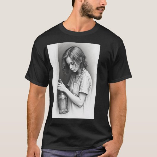 Basic donker T-shirt."Lege fles, eindeloos avontuu T-shirt (Voorkant)